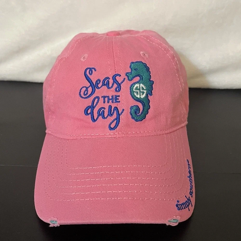 Simply Southern SEAS THE DAY Beach Ocean Embroidered Hat Cap Adjustable Pink